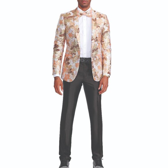 Orange Floral Print Shawl Lapel Men's Jacket